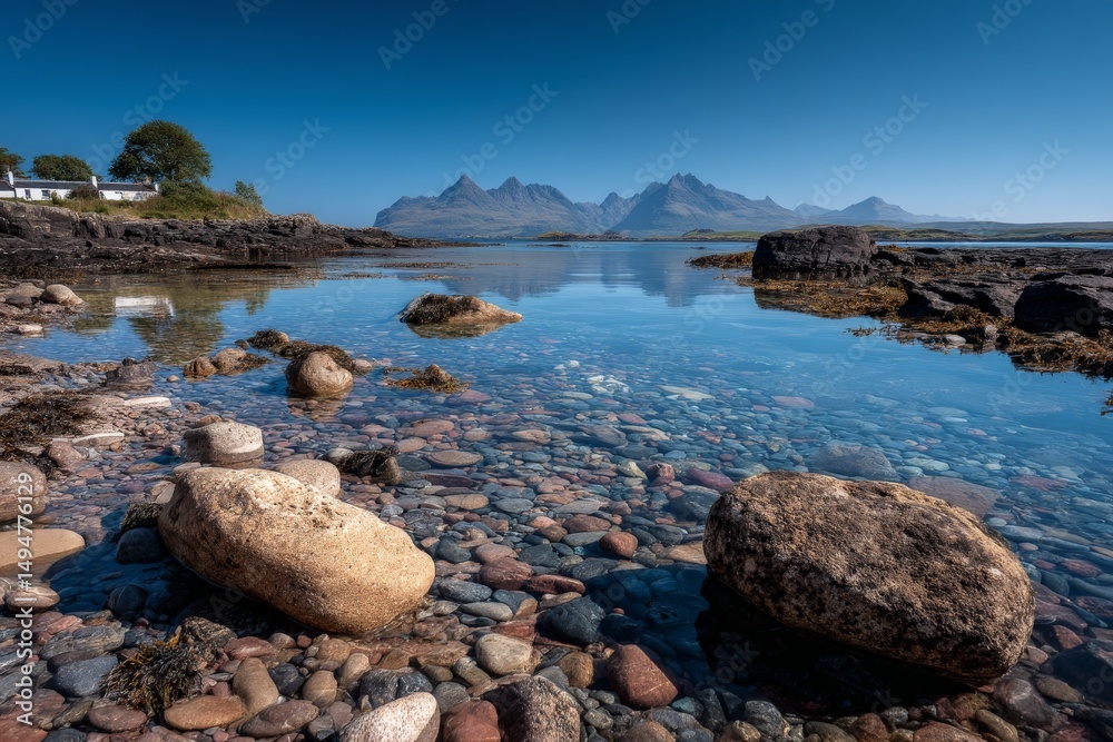 Poster serene coastal landscape featuring clear waters and distant mountains in a tranquil setting