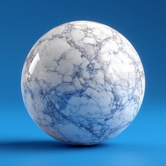 White Volakas marble ball on deep blue background, delicate veining, smooth texture, high-end interior design