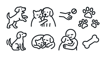 Pet care outline icons set – line, playful, animal companionship symbols