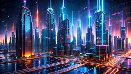Futuristic Cityscape: A mesmerizing cityscape emerges, bathed in neon lights and vibrant streaks, exuding an atmosphere of technological advancement. 