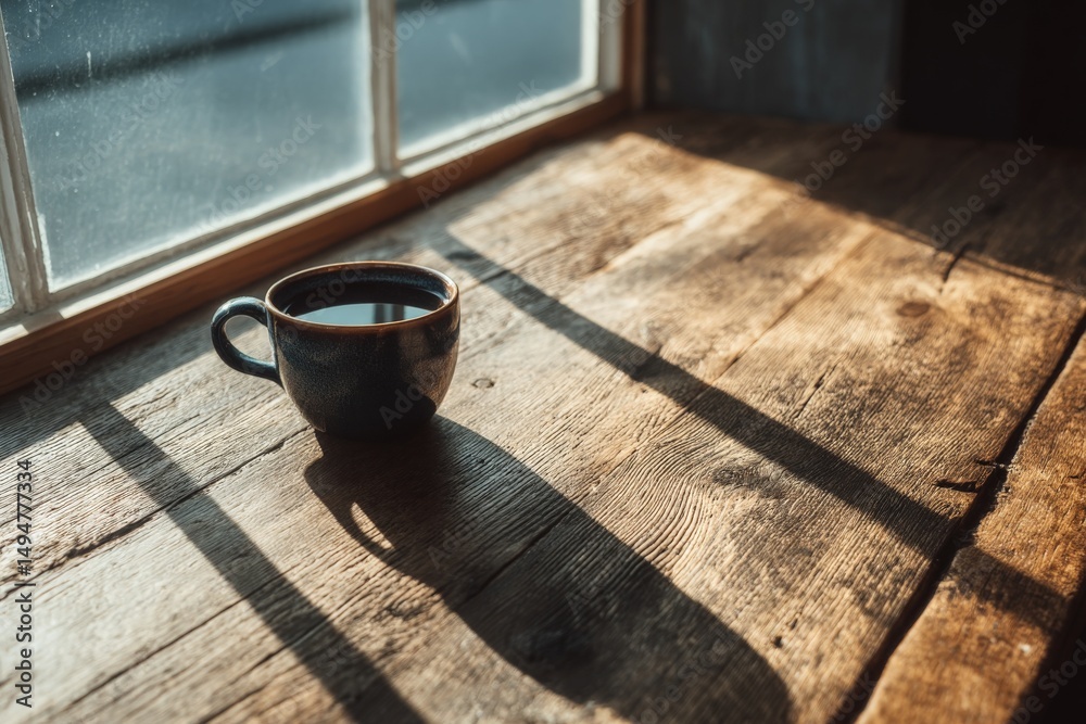 Poster warm cup of coffee placed on rustic wooden table beside window with sunny shadows highlighting its s