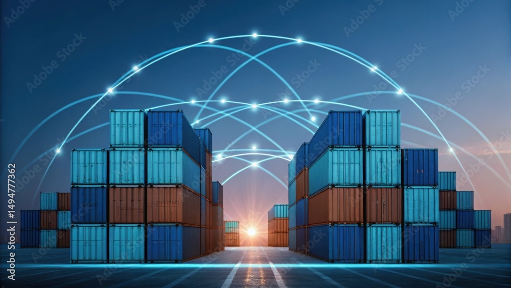 Aufkleber Digital Streams Wrapping Around Containers on Dock at Sunset
