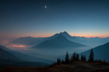 Fototapeta premium Serene mountain landscape at dusk with stars shining in the night sky over a valley