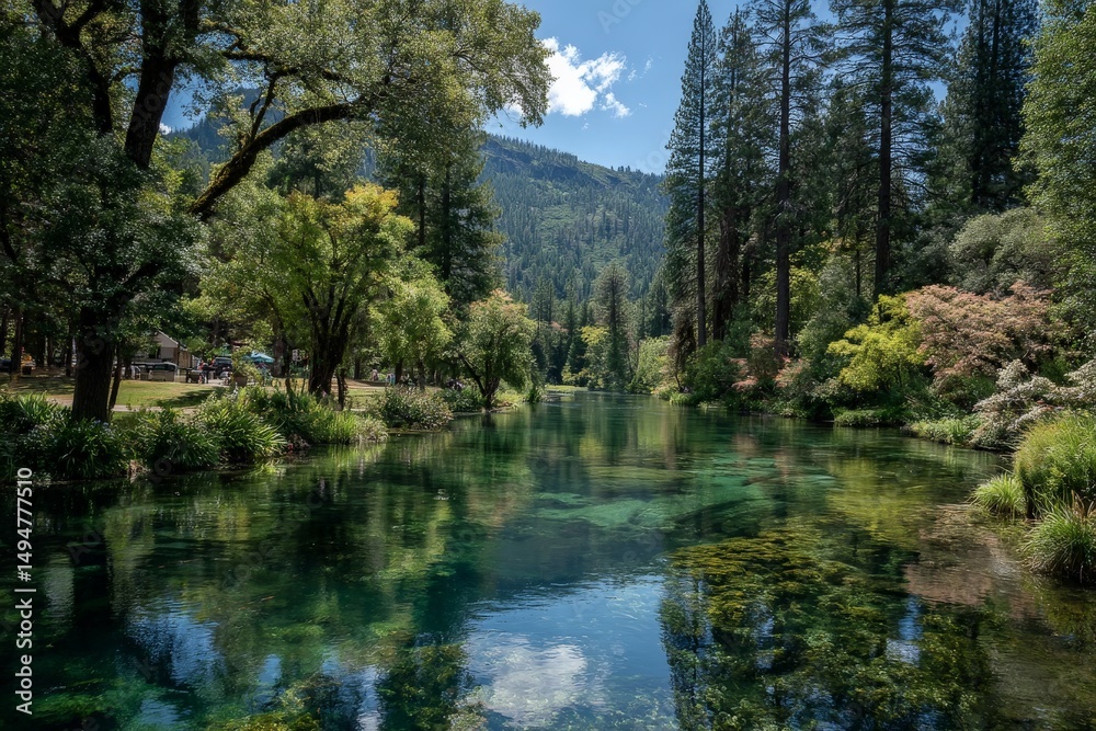 Poster serene river view surrounded by trees and mountains in a tranquil landscape during the day