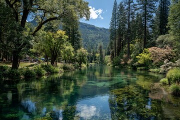 Obraz premium Serene river view surrounded by trees and mountains in a tranquil landscape during the day