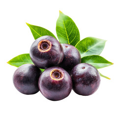 Fresh juicy acai berries with green leaves isolated transparent background