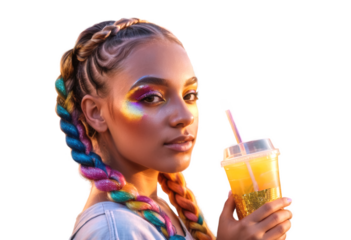 Attractive afro-american young woman with glitter makeup and colorful braids holding a cold drink in a plastic cup, isolated background,png. Liberty of expression concept