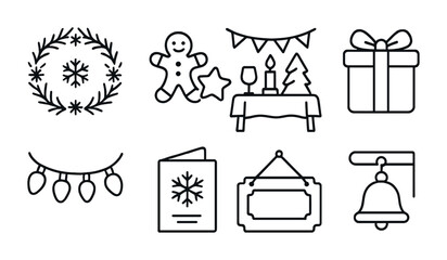 Christmas and holiday outline icons set – festive, celebration, winter symbols