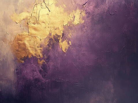 Abstract textured wall with vibrant purple and gold paint splashes creating a vivid artistic background suitable for design projects and creative displays