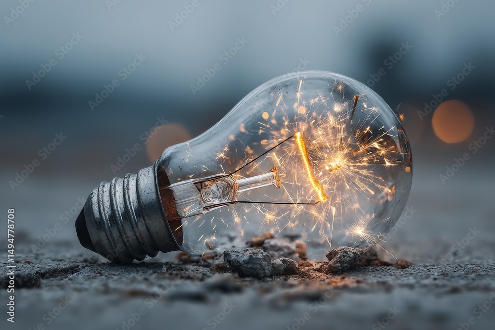 Aufkleber sparkling light bulb on cracked ground creates captivating glow at dusk in an urban setting