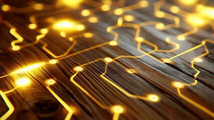 Glowing circuit lines and pattern wooden surface, abstract technology background with warm light, futuristic digital design blending nature and innovation, creative modern concept for glowing circuit - Powered by Adobe