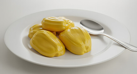 Fresh Jackfruit on White Plate with Spoon PNG