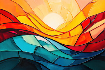 Vibrant abstract stained glass art with flowing colorful waves and bright sunlight creating a dynamic artistic scene full of warm and cool tones
