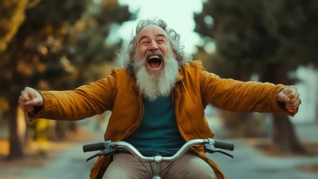 Joyful Man Biking in the Park with Open Arms &ndash; Victory and Freedom Concept