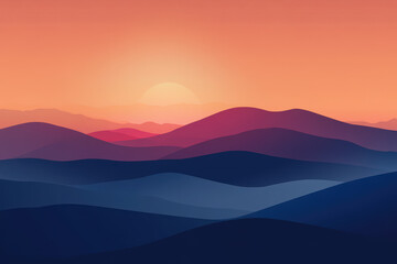 Obraz premium Stunning digital illustration of layered mountain ranges du sunset with warm orange and pink sky, creating a peaceful natural landscape scene with vibrant colors