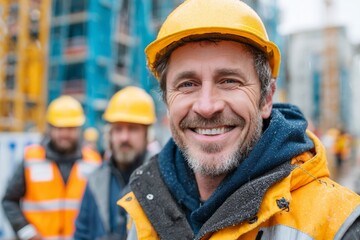 Construction worker smiles on site during snowfall in urban environment with colleagues in background