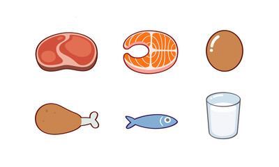 There are various protein-rich foods, including meat, fish, eggs, chicken, and a glass of milk. The illustration highlights different sources of animal protein, all drawn in a cute, cartoon style.