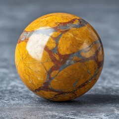 Yellow Siena marble sphere on slate gray background, warm veining, polished texture, elegant home accessory