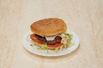 A hamburger with lettuce and tomato on a white plate. The bun is slightly toasted. The burger is served on a white plate