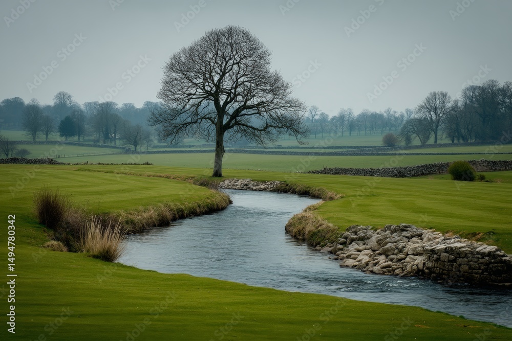 Poster majestic tree by a winding stream in a tranquil landscape under a cloudy sky