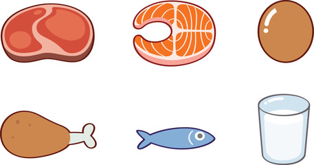 There are various protein-rich foods, including meat, fish, eggs, chicken, and a glass of milk. The illustration highlights different sources of animal protein, all drawn in a cute, cartoon style.