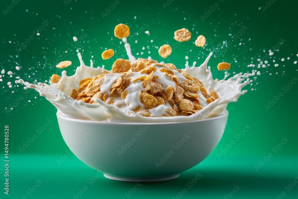 Poster cereal splashing with milk in a bowl against a vibrant green background