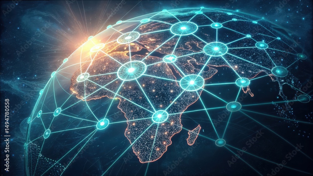 Poster glowing network of supply chain across a digital globe representation