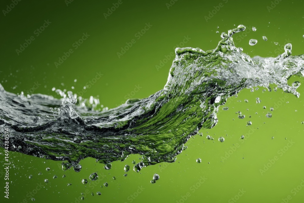 Poster water splashes dynamically against a vibrant green backdrop in a refreshing moment captured in natur