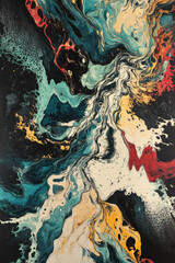 Naklejka premium Vibrant abstract fluid art painting with swirling colors of teal red yellow black and white creating dynamic textured patterns and artistic visual effects