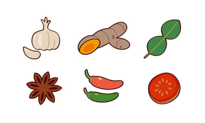 a collection of common Asian cooking ingredients, including garlic, galangal or ginger, kaffir lime leaves, star anise, chili peppers, and a sliced tomato.