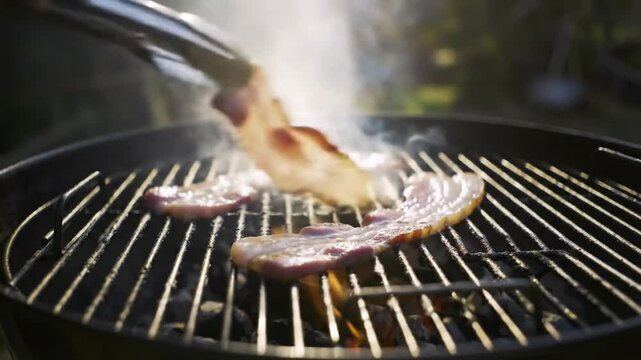 Sizzling Bacon on a Grill: Tongs Flipping Crispy Strips over Open Flames