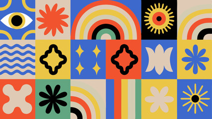 Colorful geometric pattern with eye, flower, rainbow, stars, and wave elements in a square grid layout