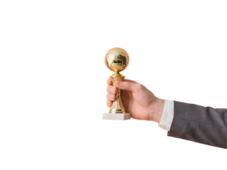 Hand Holding a Golden Globe Award Trophy on Transparent Background