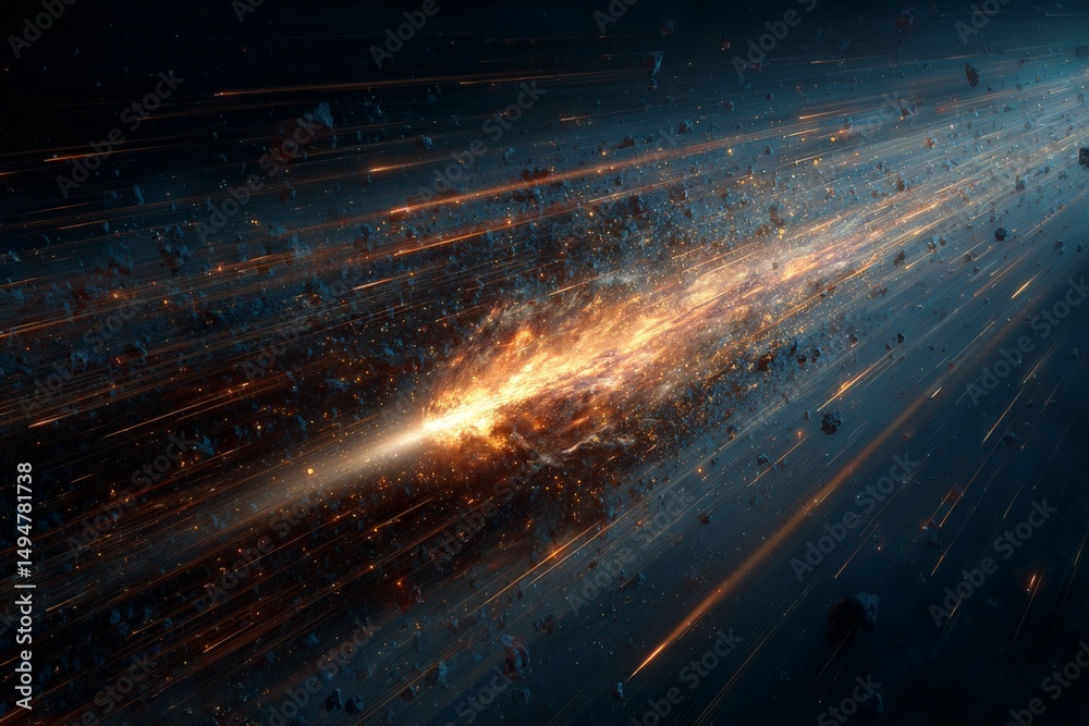 Leinwandbilder cosmic event showing a comet traveling through space with fiery trails and debris