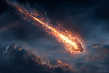 Obraz premium Bright meteor streaks through a dark night sky over billowing clouds during celestial event