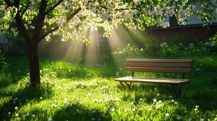 Empty bench under a blooming tree in a small urban green space, sunlight casting warm glow