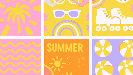 Collage of summer themed illustrations including palm tree sunglasses roller skates waves and beach balls