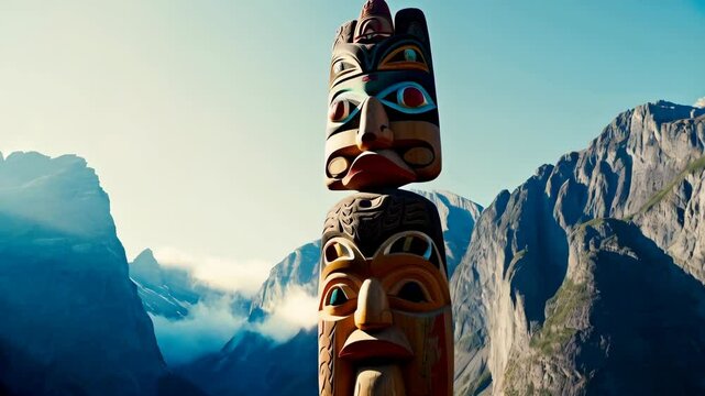 Detailed totem pole carving against a stunning mountain backdrop featuring expressive facial features and vivid colors.