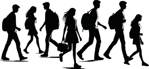 Silhouettes of students walking with backpacks vector style isolated simple vector art on white background