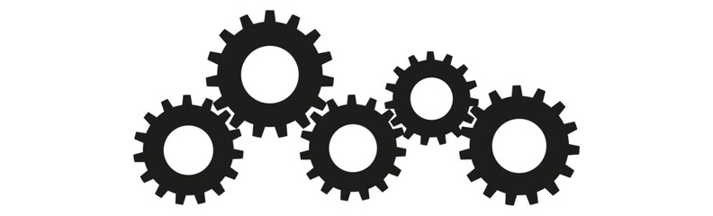 Cog set with golden gears and mechanical chain. Industrial factory machine elements in steel metal style. Flat vector illustration isolated on white background.