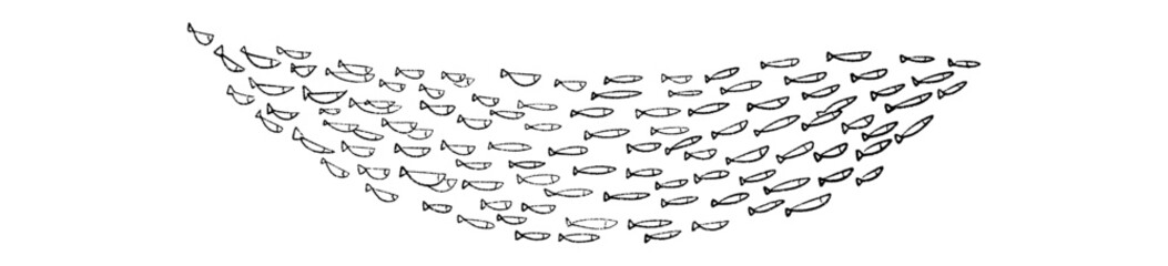 School of fish sea life silhouette. Underwater marine animal group. Flat vector illustration isolated on white background.