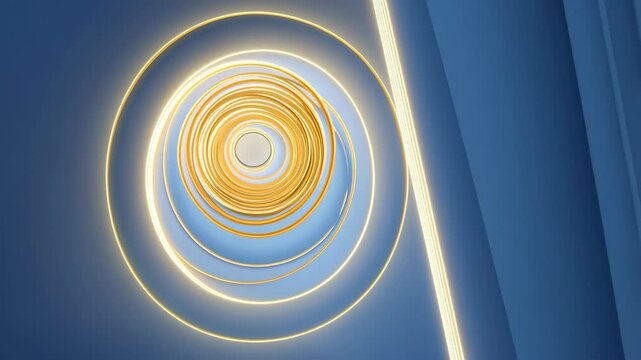 Abstract glowing gold circle shapes and lines against a blue backdrop creating a modern and futuristic technological design element.