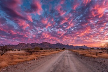 Fototapeta premium Vibrant sunset over desert landscape with mountains and colorful clouds in evening sky