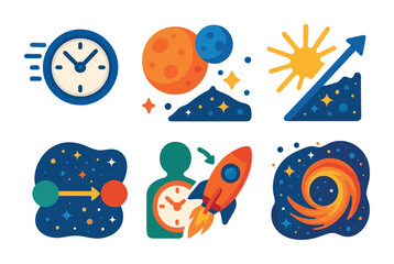 Space and time flat icons set – cosmic, universe, astronomy symbols