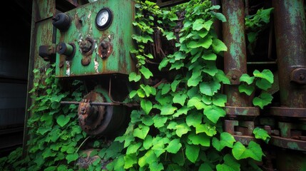 Green vines overtaking abandoned industrial machinery