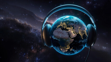 Obraz premium Earth with Headphones, A Digital Artwork of Our Planet Surrounded by Music and Stars in a Peaceful Cosmic Scene