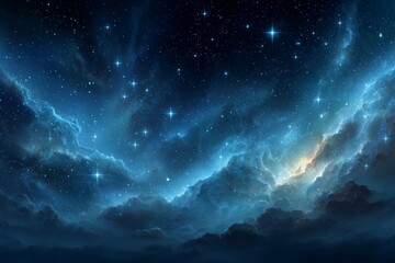 Obraz premium Galactic view of a starry night sky with swirling clouds and luminous stars above a tranquil landscape