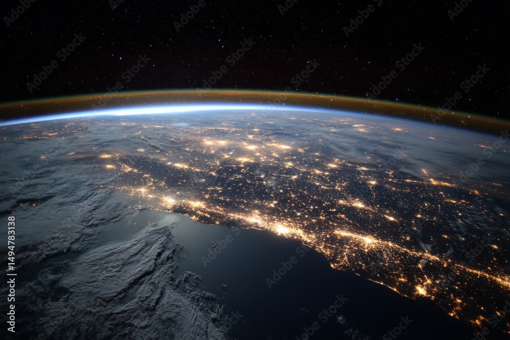 Aufkleber view of illuminated coastline during nighttime from outer space showcasing vibrant city lights and c