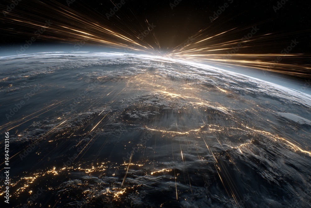 Poster view of earth from space showing illuminated cities and streaks of light against a dark sky