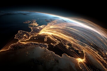 Visual representation of global connectivity over Europe showcasing illuminated cities and data paths in the night sky